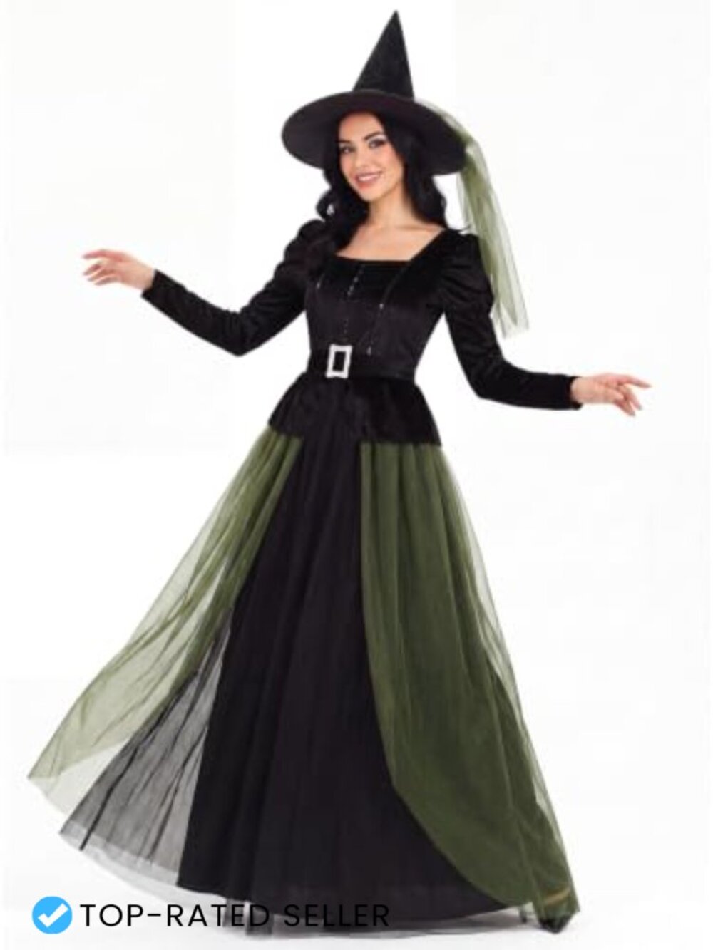 Witch Costume Women 3-Piece Set Dress Hat Belt Halloween Cosplay